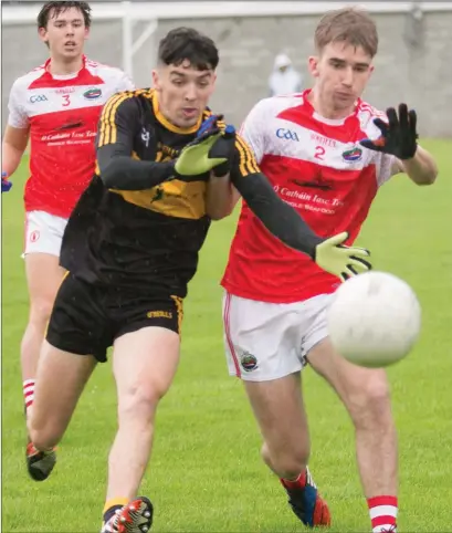  ??  ?? Dr Crokes’ Tony Brosnan, left, in action with Dingle’s Conchúbhar Ó Súilleabha­in in the Acorn for Life Under-21 Football Championsh­ip semi-final at Kerins O’Rahillys GAA grounds last Thursday