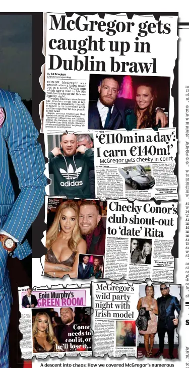  ??  ?? A descent into chaos: How we covered McGregor’s numerous falls from grace over the past few months. Bottom left, Eoin Murphy’s column in December had a warning for the fighter