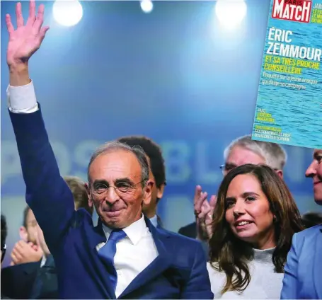  ?? EFE ?? Zemmour y su consejera, se conocieron hace trece años. Arriba, portada de «Paris Match» que descubrió el romance