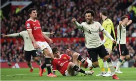  ?? Photograph: Nick Taylor/Liverpool FC/Getty Images ?? Mo Salah enjoys scoring one of his three goals the last time they met Manchester United, winning 5-0 at Old Trafford in October.