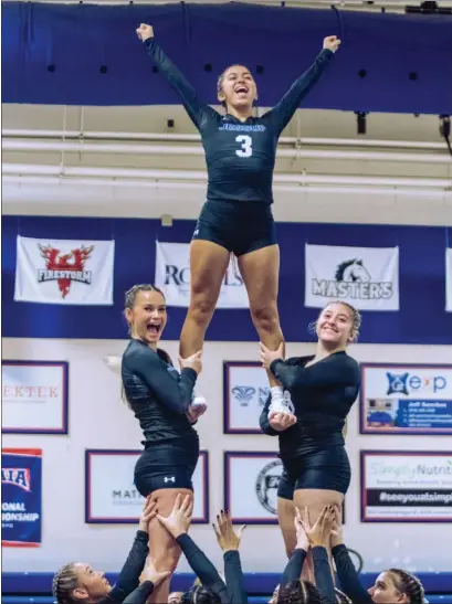  ?? Courtesy of Matt Horrocks/william Jessup University Sports Informatio­n Director ?? Yuba City High product Raena Nichols, pictured as a flyer for Jessup Cheer STUNT, helped the Warriors 3-peat in NAIA Saturday in Fullerton.