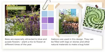  ??  ?? Bees are especially attracted to blue and purple flowers – plant a mix to flower at different times of the year. Gabions are used in this design. They can be filled with logs or stones and other natural materials to make a bug hotel