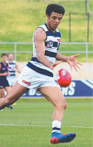  ?? Picture: GEELONG CATS ?? AHEAD OF THE GAME: Stefan Okunbor in action for the Cats reserves against Fremantle on Sunday in his first hitout of the year following a ruptured achilles tendon.