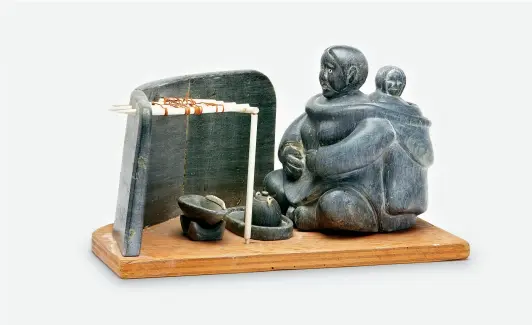  ??  ?? Josie Nulukie (1931–1980 Inukjuak) — LEFT Boiling Water To Make Tea c. 1953–63 Steatite, plastic, leather, wire and wood 20.8 × 36 × 24 cm ALL ARTWORKS THE CHEDOKE COLLECTION OF INUIT ART, ART GALLERY OF HAMILTON