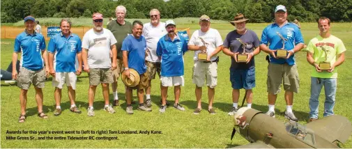  ??  ?? Awards for this year’s event went to (left to right) Tom Loveland, Andy Kane, Mike Gross Sr., and the entire Tidewater RC contingent.