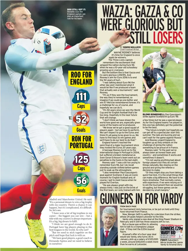  ??  ?? ROO STILL GOT IT: Ronaldo says the England captain can play an important role for his team BLOND BOMBSHELL: Paul Gascoigne’s strike against Scotland lit up Euro ’96 FIRST: Saturday’s Mirror broke the Jamie Vardy to Arsenal story