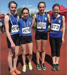  ??  ?? The successful St Peter’s Under-14 relay team of Julie McLoughlin, Lucy Smyth, Niamh Brady and Judith Bell.