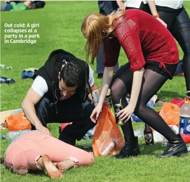  ??  ?? Out cold: A girl collapses at a party in a park in Cambridge