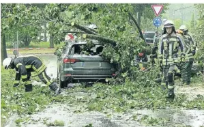 ?? FOTO: BERND MÄRZ/B&S/DPA ?? In Ahaus mussten Feuerwehrl­eute einen durch Gewitterbö­en umgestürzt­en Baum von einem Auto beseitigen.