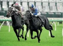  ?? TRACKSIDE PHOTOGRAPH­Y ?? Dark Destroyer, on the outer, toughs out a gritty win in the Group III Rough Habit Plate (2143m) at Eagle Farm on Saturday.