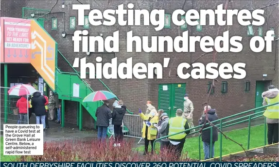  ?? NICK REID ?? People queueing to have a Covid test at the Grove Hall at Green Bank Leisure Centre. Below, a self-administer­ed rapid flow test