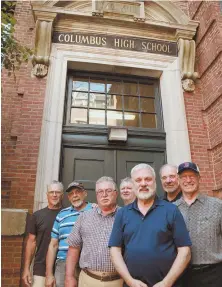  ?? STAFF FILE PHOTO BY MATT WEST ?? IT’S BEEN A WHILE: Members of Christophe­r Columbus High School’s Class of 1967, from left, Mark Keefe, Paul Deuterio, Cesidio ‘Sid’ Massaro, Bill Gustin, John Felix, Peter Gelzinis and John Coviello, gather at the site of their old school in the North...