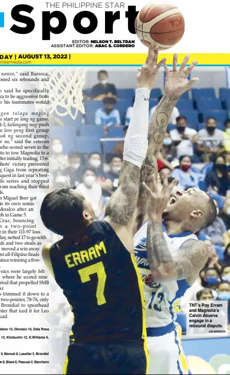  ?? JUN MENDOZA ?? TNT’s Poy Erram and Magnolia’s Calvin Abueva engage in a rebound dispute.