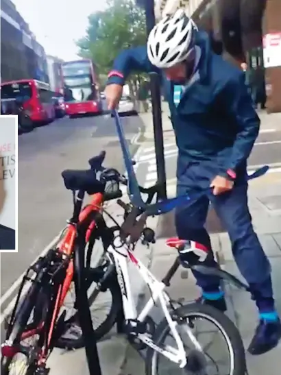  ??  ?? It’s a snip: The presenter takes a pair of bolt-cutters to a child’s bike accidental­ly locked to his