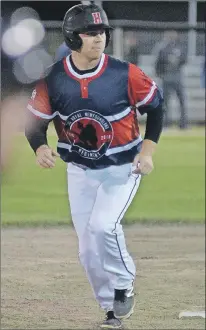  ?? KEITH GOSSE/THE TELEGRAM ?? Brad Ezekiel of the Galway Hitmen spent a lot of time on the bases Wednesday, getting six hits in six at-bats. Three of Ezekiel’s hits amounted to round trips as they were home runs. For the Hitmen’s second game Wednesday, they wore special jersey...