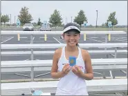  ?? MIKE CABREY/MEDIANEWS GROUP ?? Souderton freshman Amanda Yang claimed the Suburban One League Colonial Division singles championsh­ip Thursday afternoon with a 6-1, 6-1 victory over Central Bucks East’s Kaveena Ponamgi in the final.