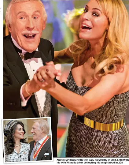  ??  ?? Above: Sir Bruce with Tess Daly on Strictly in 2014. Left: With his wife Wilnelia after collecting his knighthood in 2011