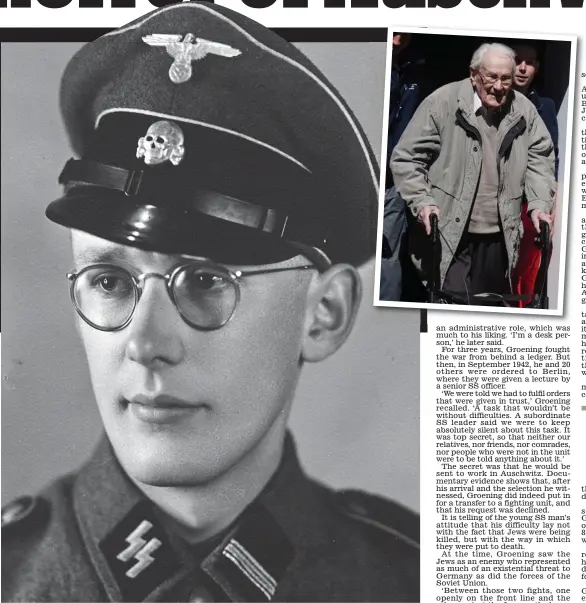  ??  ?? Young fascist: Oskar Groening in his SS uniform and (above) outside court this week