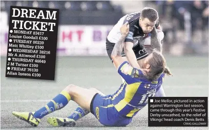  ??  ?? Joe Mellor, pictured in action against Warrington last season, came through this year’s Festive Derby unscathed, to the relief of Vikings’ head coach Denis Betts