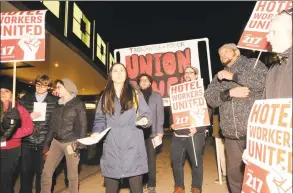  ?? Matthew Brown / Hearst Connecticu­t Media ?? Talia Stender, center, with the Yale Law School Worker and Immigrant Rights Advocacy Clinic, speaks out as hotel workers from the Stamford Sheraton protest outside the hotel on Nov. 21.