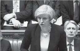  ?? Associated Press ?? Britain’s Prime Minister Theresa May speaks in the Houses of Parliament on Thursday, following the attack in London on Wednesday.