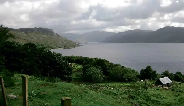  ??  ?? ABOVE: A view across Loch Morar. BELOW: Todd Martin, the Hermit of Loch Morar, outside his cave.