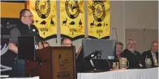  ??  ?? Todd Smith, president of the Moose Jaw Wildlife Federation, welcomes delegates to the 90th Saskatchew­an Wildlife Federation convention. (Matthew Gourlie photograph)