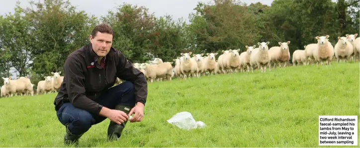  ??  ?? Clifford Richardson faecal-sampled his lambs from May to mid-July, leaving a two week interval between sampling