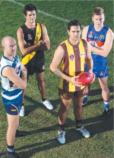  ??  ?? SET TO GO: Crocs’ Adam Gross, Tigers' Tom Clough, Hawks' Elia Ware and Bulldogs' Nick Thacker are ready for the double-header games at Watsons Oval today. Picture: STEWART McLEAN