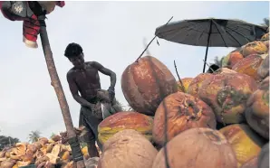  ?? PATIPAT JANTHONG ?? A worker husks coconuts at a plant in Prachuap Khiri Khan’s Thap Sakae district. Once added to the price list, coconut producers will need to get approval from the Internal Trade Department before changing price or product size.