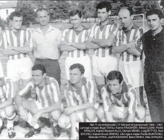  ?? Ulur nga e majta: ?? Një 11-sh emblematik i 17 Nëntorit të kampionati­t 1966 - 1967. Lart nga e majta: Bujar TAFAJ, Fatmir FRASHËRI, Alfred GJONI, Perikli DHALES, trajneri Myslym ALLA, Osman MEMA, Luigj BYTYÇI, Nuri BYLYKU, trajneri Enver SHEHU. Pavllo BUKOVIKU, Skënder HYKA, Josif KAZANXHI, Bahri ISHKA, Niko XHAÇKA.