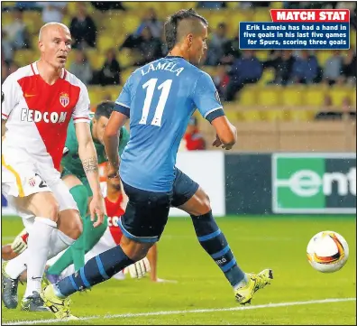  ?? Picture: JULIAN FINNEY ?? Erik Lamela has had a hand in fi ve goals in his last fi ve games
for Spurs, scoring three goals
MAN IN FORM: Erik Lamela calmly slots home Tottenham’s opening goal last night at the Stade Louis II