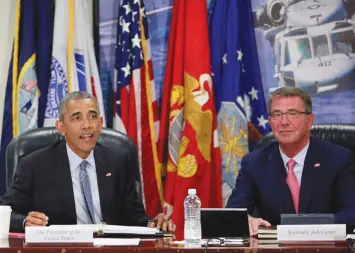  ??  ?? PRESIDENT BARACK Obama chairs a meeting of the National Security Council at the Pentagon on August 4, after receiving an update from his national security team. Secretary of Defense Ashton Carter is on his right.