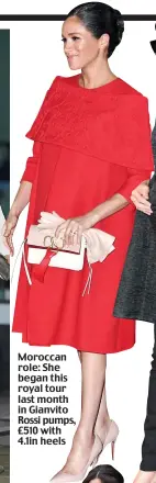  ??  ?? Moroccan role: She began this royal tour last month in Gianvito Rossi pumps, £510 with 4.1in heels