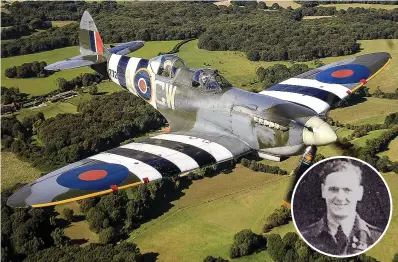  ?? Pictures: OLIVER DIXON ?? Spitfire carrying the veteran, inset during his RAF days, over Kent yesterday to mark Battle of Britain Day