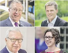  ?? STARPHOENI­X FILES, KELLEY MOORE ?? The four candidates running for mayor of Saskatoon are weighing in on the future of SaskTel Centre and TCU Place. Clockwise from top left are incumbent Mayor Don Atchison, veteran Coun. Charlie Clark, Kelley Moore and former mayor Henry Dayday.