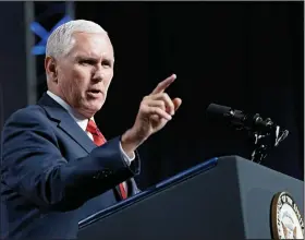  ?? David J. Phillip/AP ?? Pence: Vice President Mike Pence speaks during a visit to NASA's Johnson Space Center in Houston. Pence says he's "100 percent confident" that no one on his staff was involved with the anonymous New York Times column criticizin­g President Donald Trump's leadership.