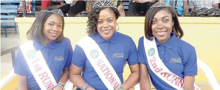  ??  ?? It’s all smiles for National Farm Queen Samatha Thomas Myrie (centre). Seated beside her are Miss St Mary, Glacean Cox (left), first runner-up; and Miss St Catherine, Kimberly Salmon, second runner-up.