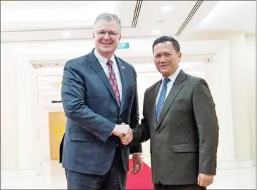  ?? STPM ?? Prime Minister Hun Manet and US Assistant Secretary of State Daniel Kritenbrin­k (left) meet on February 26.