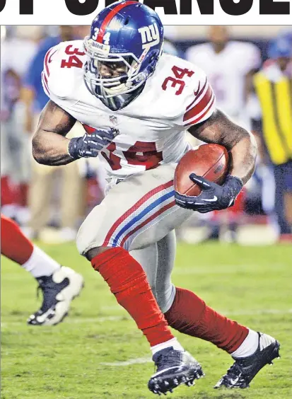  ??  ?? SPRINT CALL: With Ahmad Bradshaw nursing a hand injury, rookie running back David Wilson — practicing this week with the first-team offense — likely will start the Giants’ preseason game Friday.