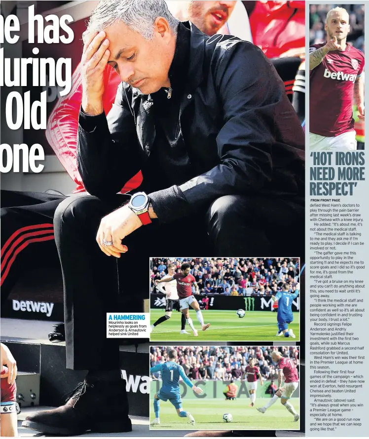  ??  ?? A HAMMERING Mourinho looks on helplessly as goals from Anderson &amp; Arnautovic helped sink United