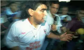  ?? Photograph: Chris Cole/Getty Images ?? Diego Maradona returned to football with Sevilla in 1992 after being banned for 15 months for failing a drug test.