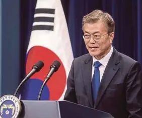  ?? BLOOMBERG PIC ?? South Korea’s President Moon Jae-in ruling Democratic Party may face parliament­ary approval test as it only holds 40 per cent of the 299 seats in the National Assembly.