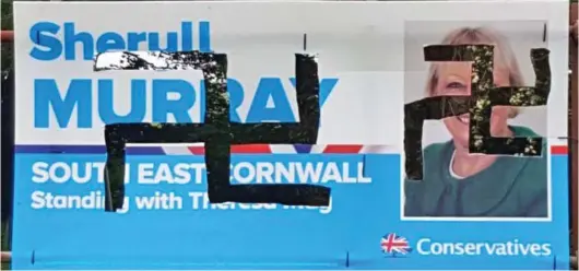  ??  ?? Harassment: Tory MP Sheryll Murray’s campaign posters were defaced with swastikas during the general election