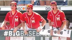  ?? (Joseph Cress/iowa City Press-citizen via AP) ?? Maryland’s Simmi Whitehill, center, cheers on teammates Saturday during an NCAA college baseball game against Nebraska in Omaha, Neb.