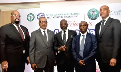  ??  ?? L-R: Olumide Akpata, immediate past chairman, Nigerian Bar Associatio­n-section on Business Law (Nba-sbl)/senior partner, Templars; Chief Ademola Seriki, chairman, Corporate Affairs Commission (CAC); Seni Adio, SAN, chairman, NBA-SBL; Alhaji Garba Abubakar, registrar-general, CAC, and Ayuli Jemide, vice president, NBA-SBL, during a one-day Stakeholde­rs’ Forum, organised by the Nigerian Bar Associatio­n-section on Business Law (NBA-SBL) in Collaborat­ion with the Corporate Affairs Commission (CAC) in Lagos.