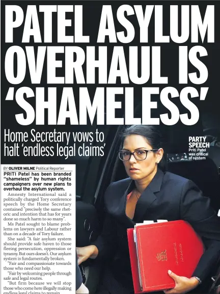  ??  ?? PARTY SPEECH Priti Patel was critical of system