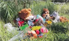  ?? MORGAN MODJESKI ?? Stuffed animals and balloons sit at the edge of a retention pond near Ecole Dundonald in Saskatoon on Tuesday. The memorial is a tribute to fiveyear-old Ahmadsadiq Elmmi, a kindergart­en student who drowned there on Monday after he wandered away during...