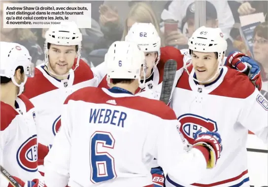  ?? PHOTO USA TODAY ?? Andrew Shaw (à droite), avec deux buts, s’est distingué dans le match tournant qu’a été celui contre les Jets, le 4 novembre.