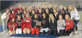  ?? CHRIS LILLSTRUNG — THE NEWS-HERALD ?? The Mentor girls pose with their team title after the Greater Cleveland Conference meet May 14 at Brunswick.